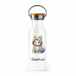 trinkflasche edelstahl mit bambusdeckel personalisiert, weiß mit sublimation für pilgerer, erwachsene, camper, sportler flasche